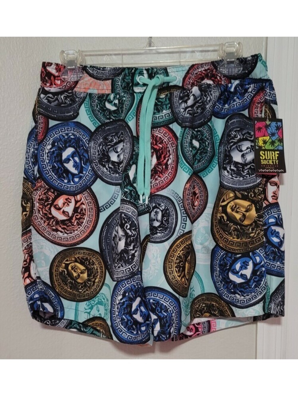 SURF SOCIETY MEDUSA HEAD COIN DRAWSTRING LINED SWIM BOARD SHORTS SIZE S MULTI